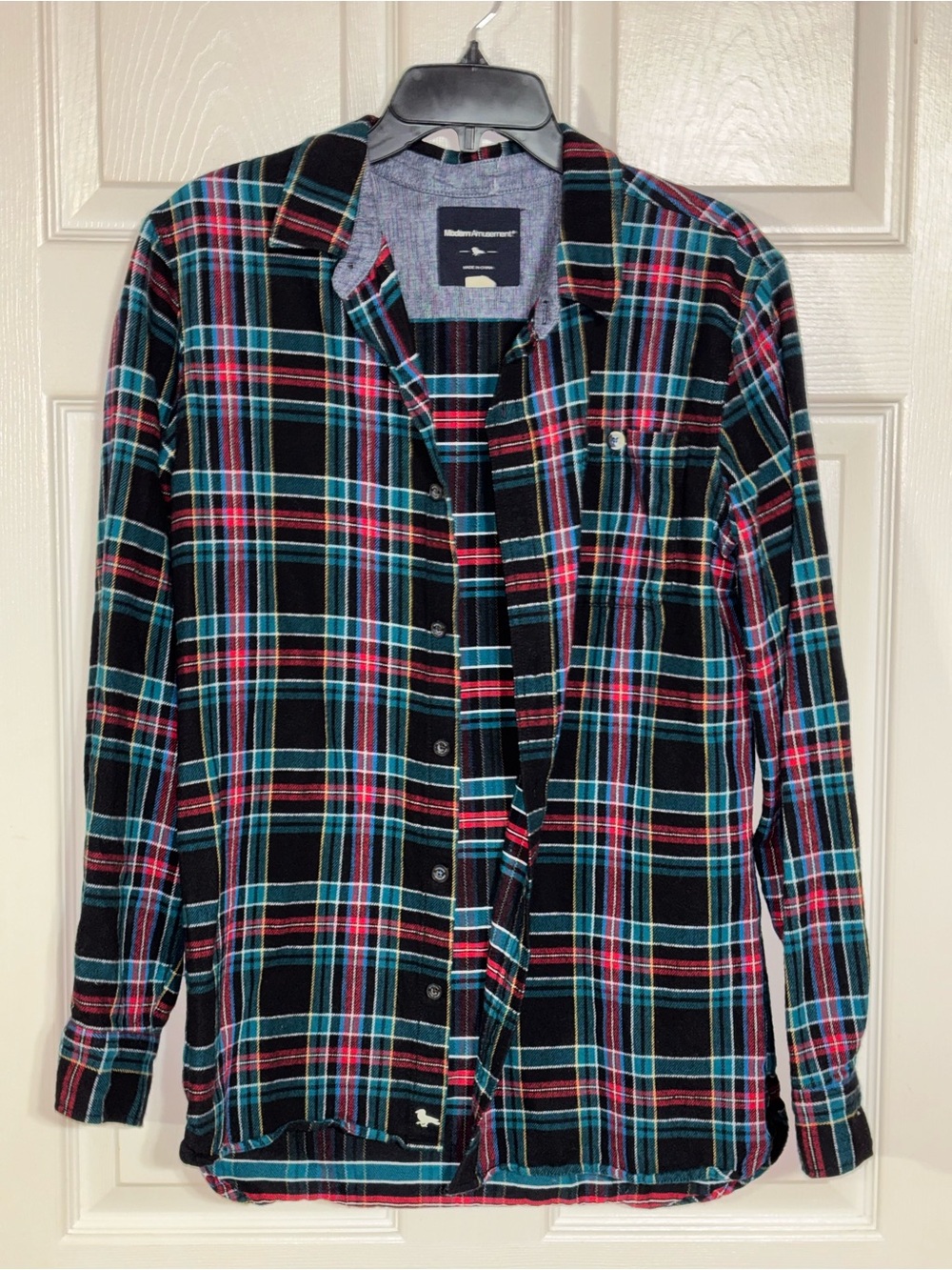 Modern Amusement Black Plaid Button-Down Shirt with Teal and Red Accents
